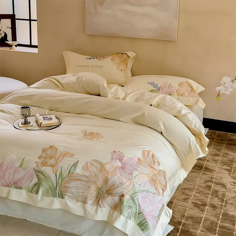 100S Egyptian Cotton Embroidery Bed Linens Bedding Set Sheet Duvet Cover Pillowcase Queen King Euro Size Underwear