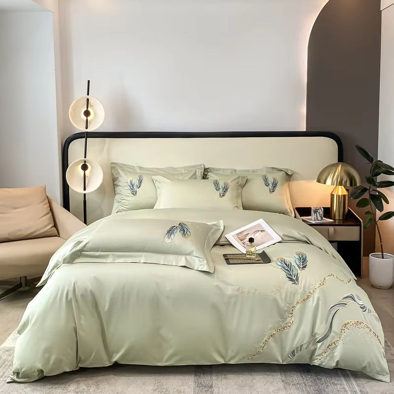 Cotton Embroidery Bed Linens Double Ru Queen King Full Size Bedding Set Sheet Duvet Cover Pillowcase