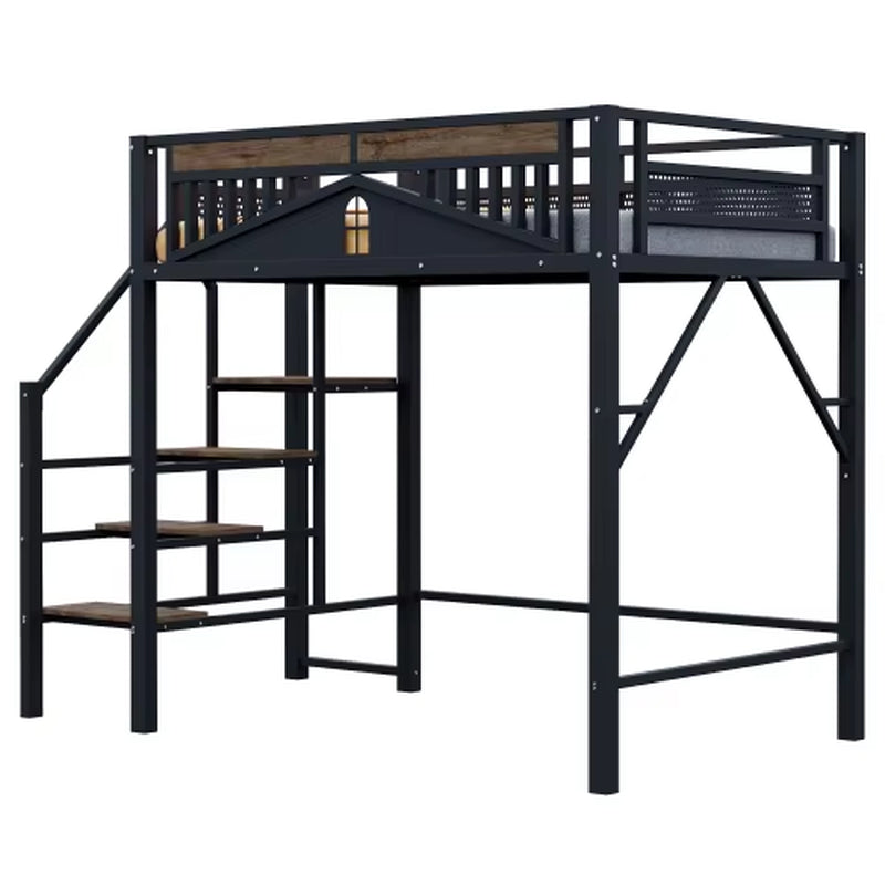 Black Metal Loft Bed 90X200 Cm, Security Fence with Window Design, Can Left to Right Security Ladder with Lockers,