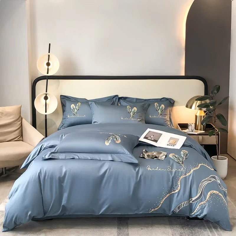 Cotton Embroidery Bed Linens Double Ru Queen King Full Size Bedding Set Sheet Duvet Cover Pillowcase