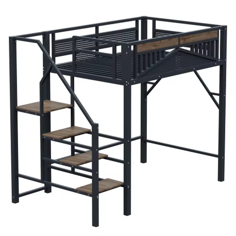 Black Metal Loft Bed 90X200 Cm, Security Fence with Window Design, Can Left to Right Security Ladder with Lockers,