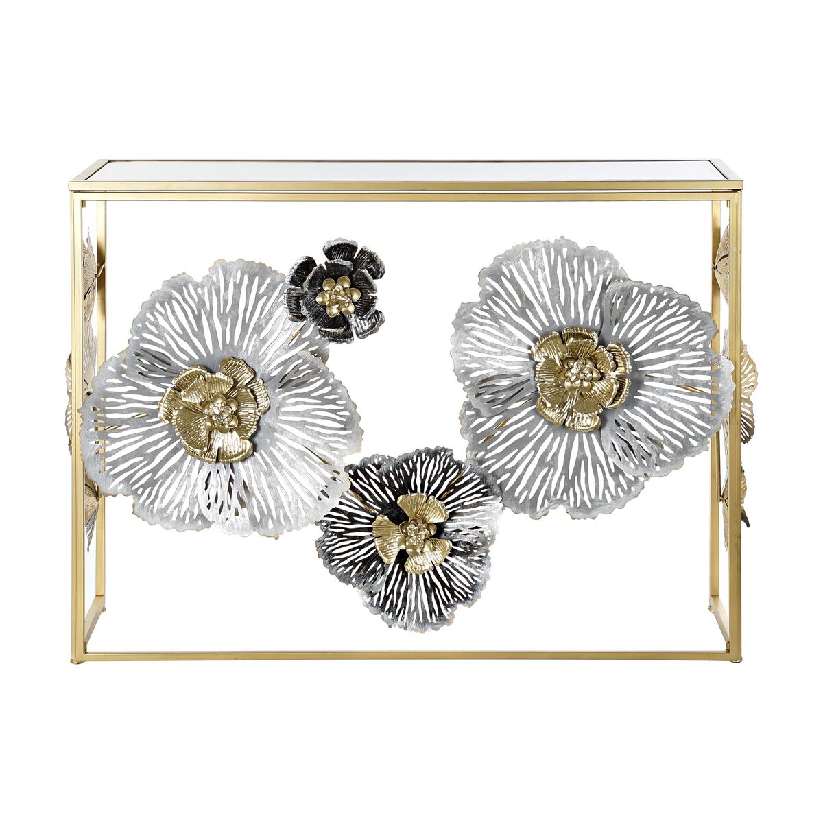 Console DKD Home Decor Mirror Grey Golden Metal Flowers (15.6 x 46.4 x