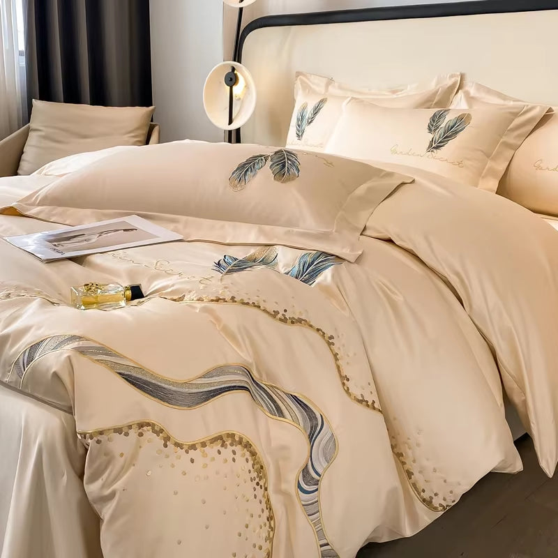 Cotton Embroidery Bed Linens Double Ru Queen King Full Size Bedding Set Sheet Duvet Cover Pillowcase