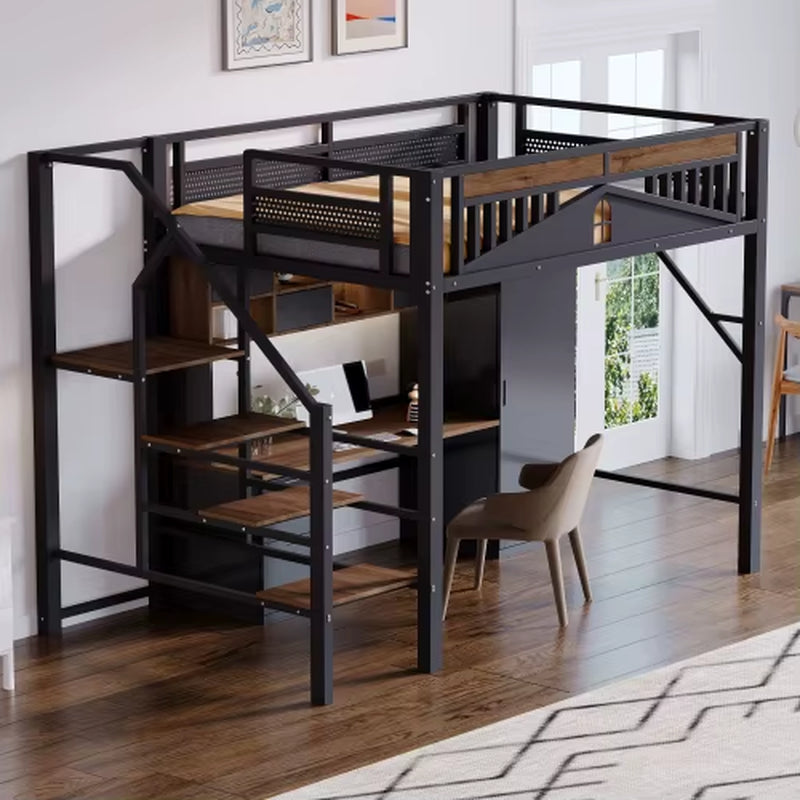 Black Metal Loft Bed 90X200 Cm, Security Fence with Window Design, Can Left to Right Security Ladder with Lockers,