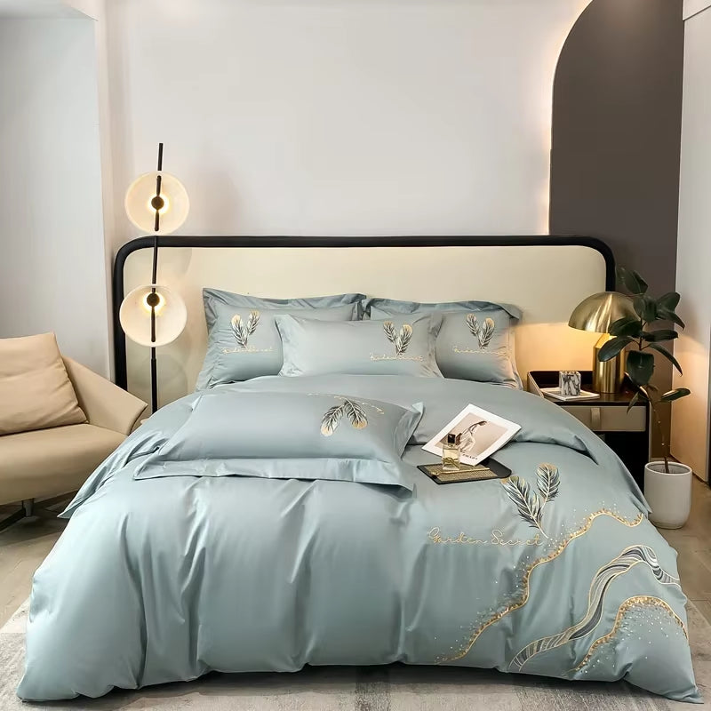 Cotton Embroidery Bed Linens Double Ru Queen King Full Size Bedding Set Sheet Duvet Cover Pillowcase