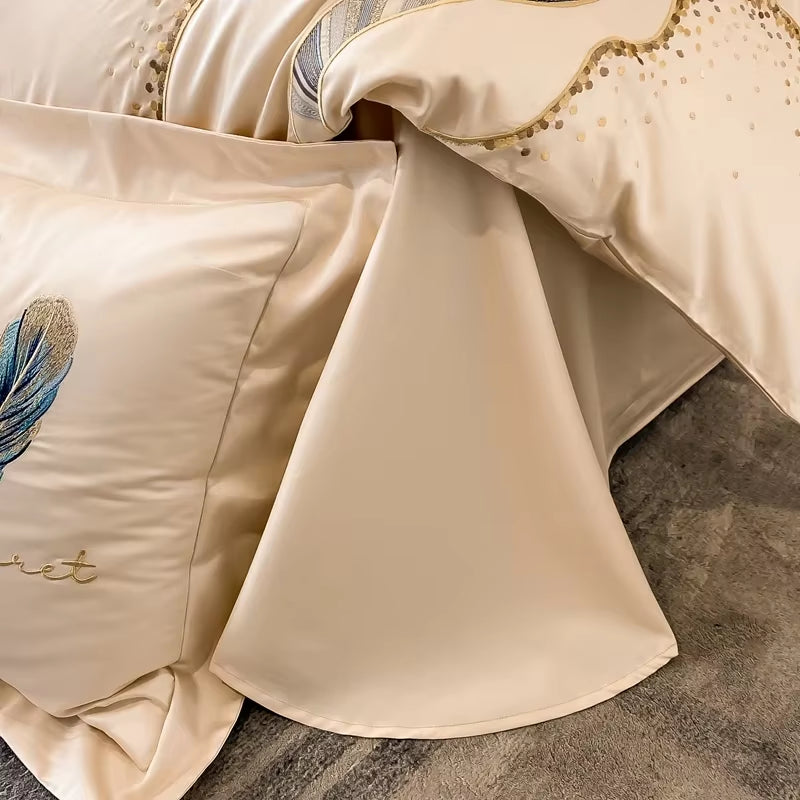 Cotton Embroidery Bed Linens Double Ru Queen King Full Size Bedding Set Sheet Duvet Cover Pillowcase