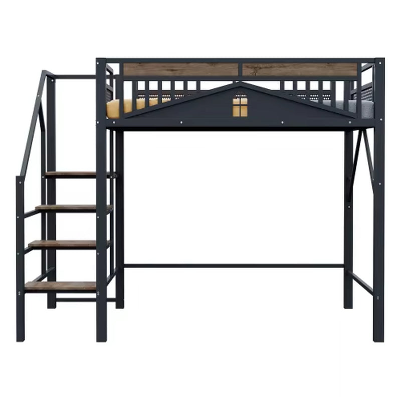 Black Metal Loft Bed 90X200 Cm, Security Fence with Window Design, Can Left to Right Security Ladder with Lockers,