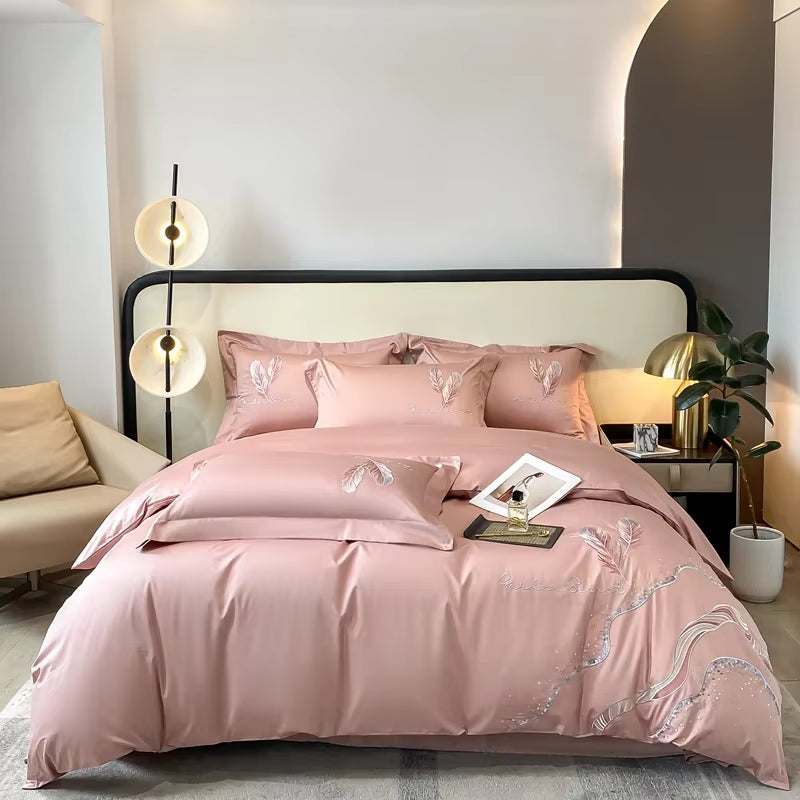 Cotton Embroidery Bed Linens Double Ru Queen King Full Size Bedding Set Sheet Duvet Cover Pillowcase
