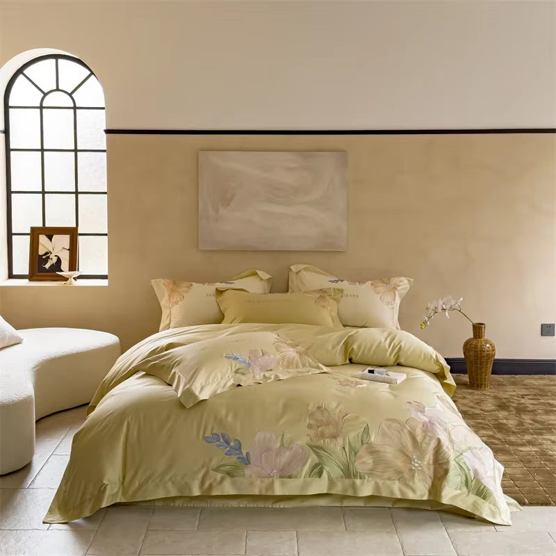100S Egyptian Cotton Embroidery Bed Linens Bedding Set Sheet Duvet Cover Pillowcase Queen King Euro Size Underwear