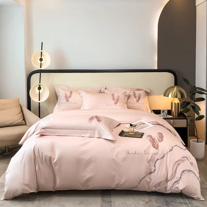 Cotton Embroidery Bed Linens Double Ru Queen King Full Size Bedding Set Sheet Duvet Cover Pillowcase