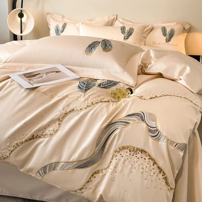 Cotton Embroidery Bed Linens Double Ru Queen King Full Size Bedding Set Sheet Duvet Cover Pillowcase