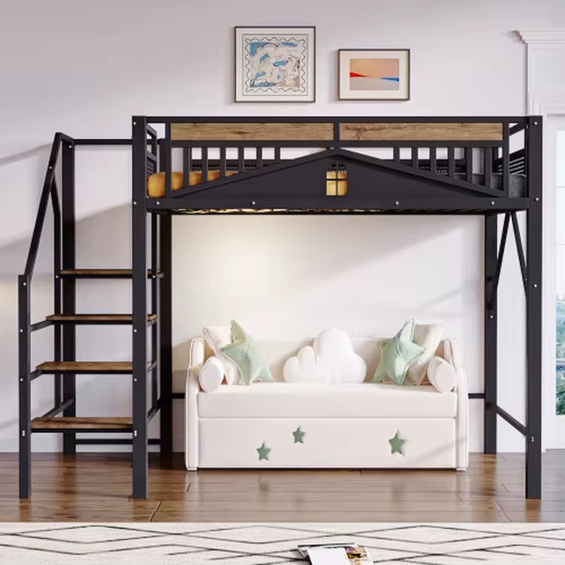 Black Metal Loft Bed 90X200 Cm, Security Fence with Window Design, Can Left to Right Security Ladder with Lockers,