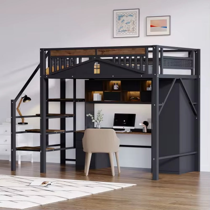 Black Metal Loft Bed 90X200 Cm, Security Fence with Window Design, Can Left to Right Security Ladder with Lockers,