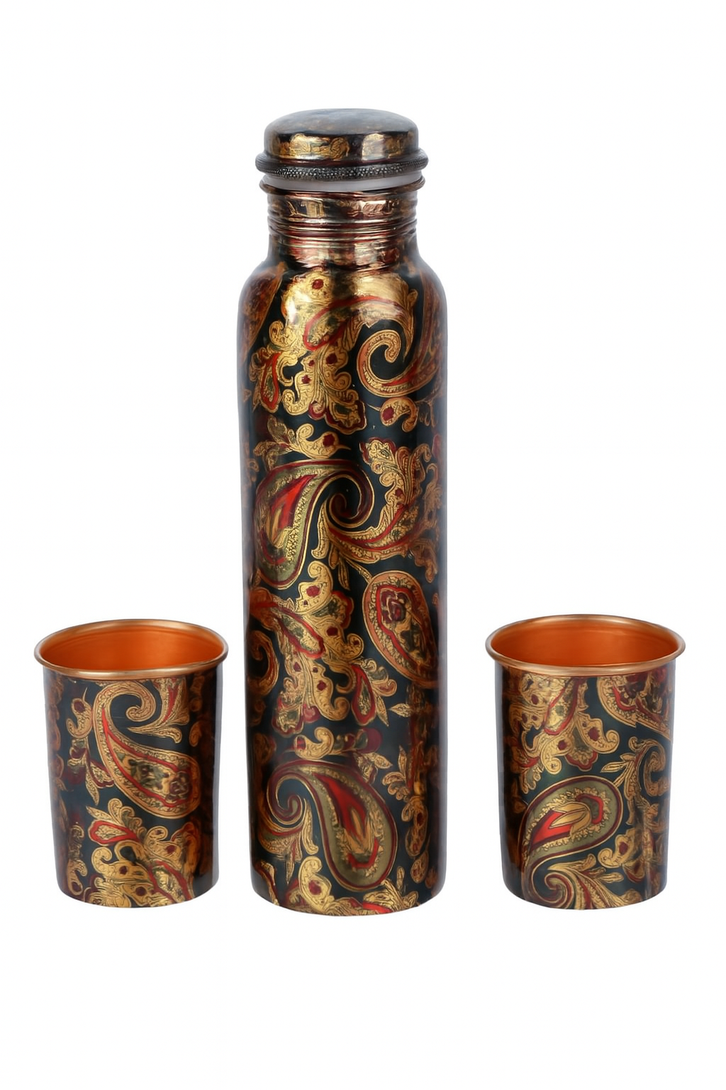 Paisley Copper Bottle & Cup Set – Ornate Gold Red Black Design – 1L +