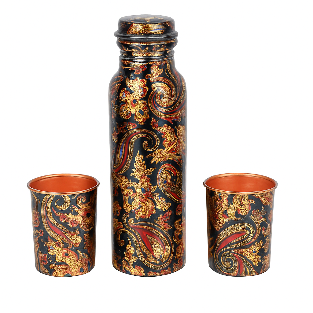 Paisley Copper Bottle & Cup Set – Ornate Gold Red Black Design – 1L +