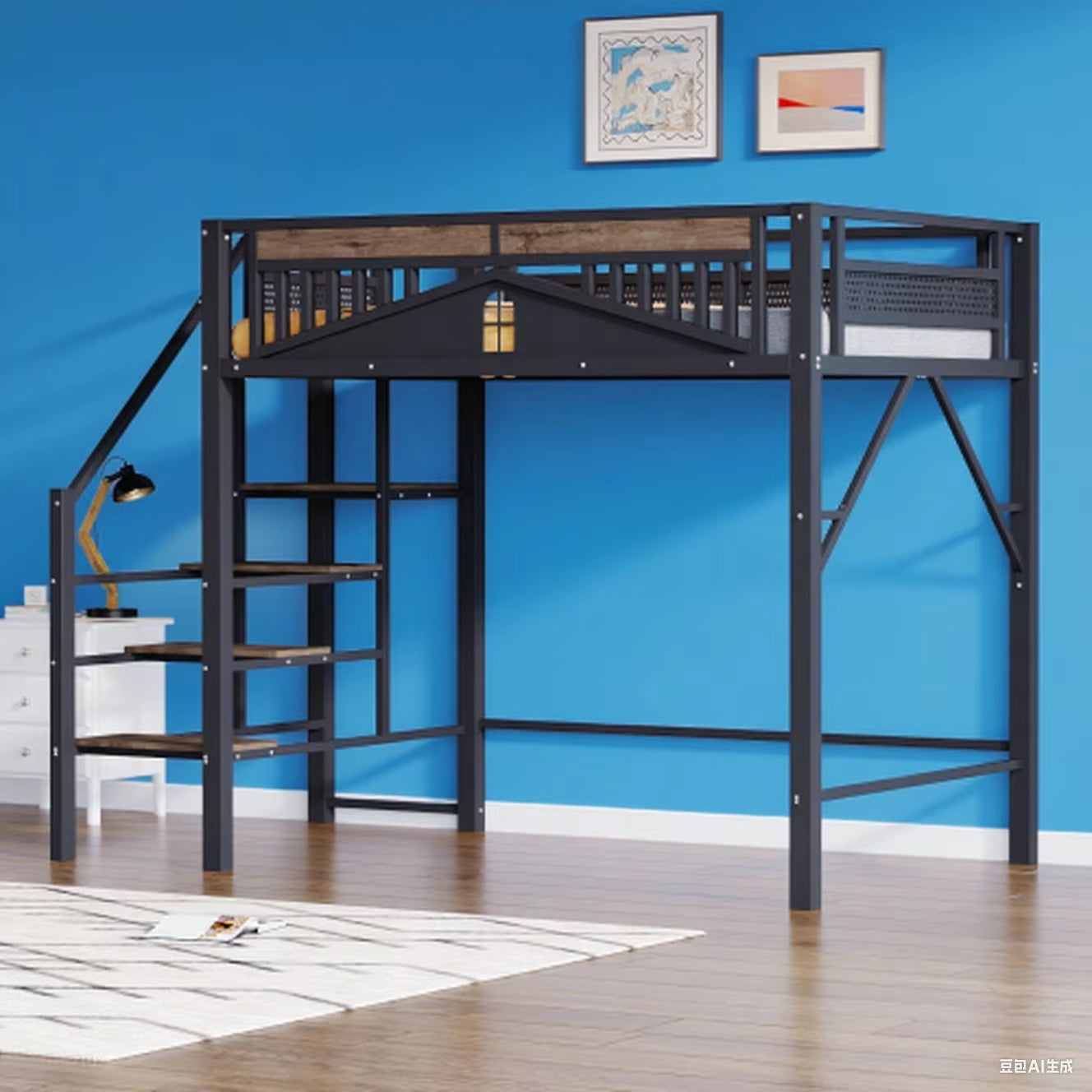 Black Metal Loft Bed 90X200 Cm, Security Fence with Window Design, Can Left to Right Security Ladder with Lockers,