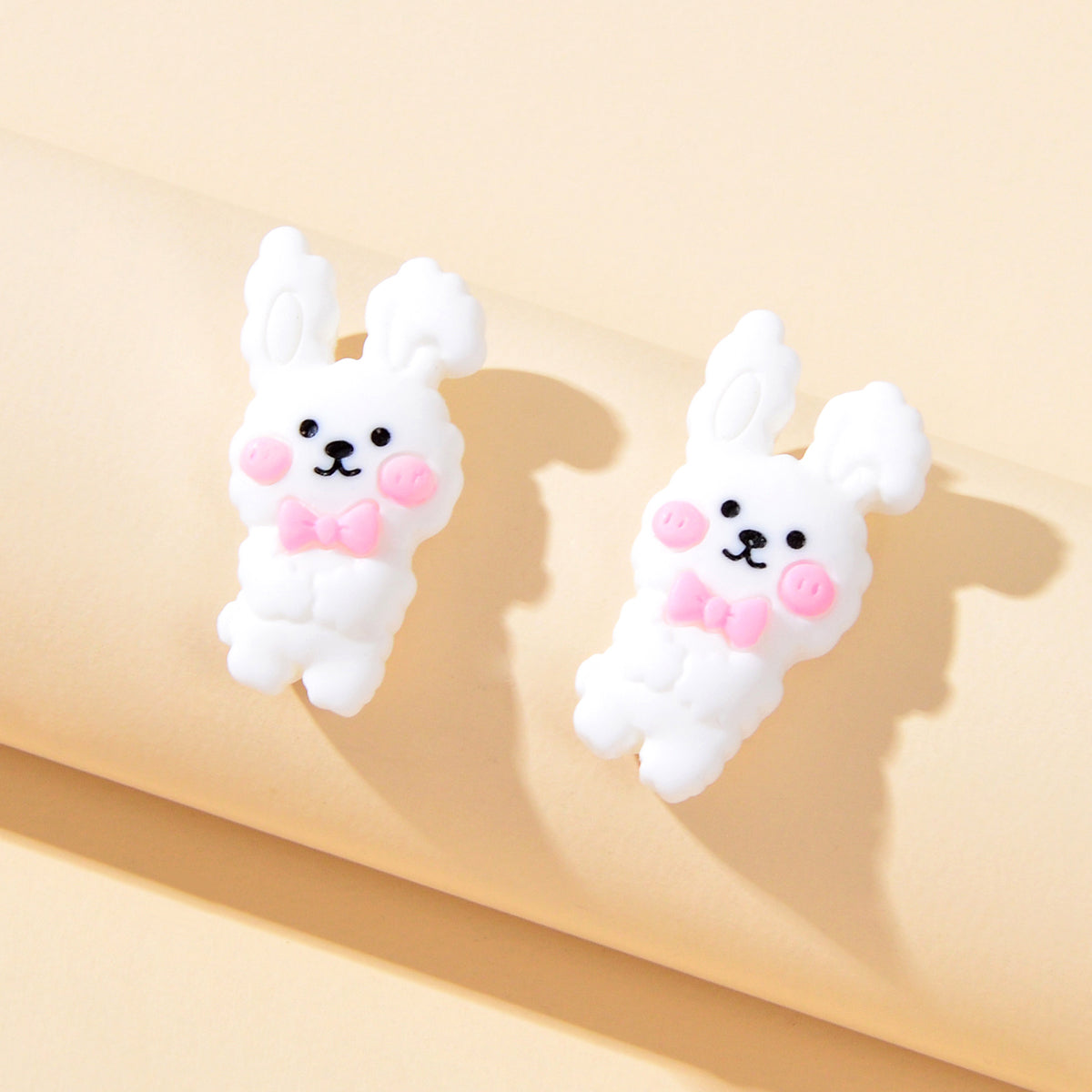 Pink Bow Tie White Rabbit Lovely Easter Bunny Stud Earrings Hare Party