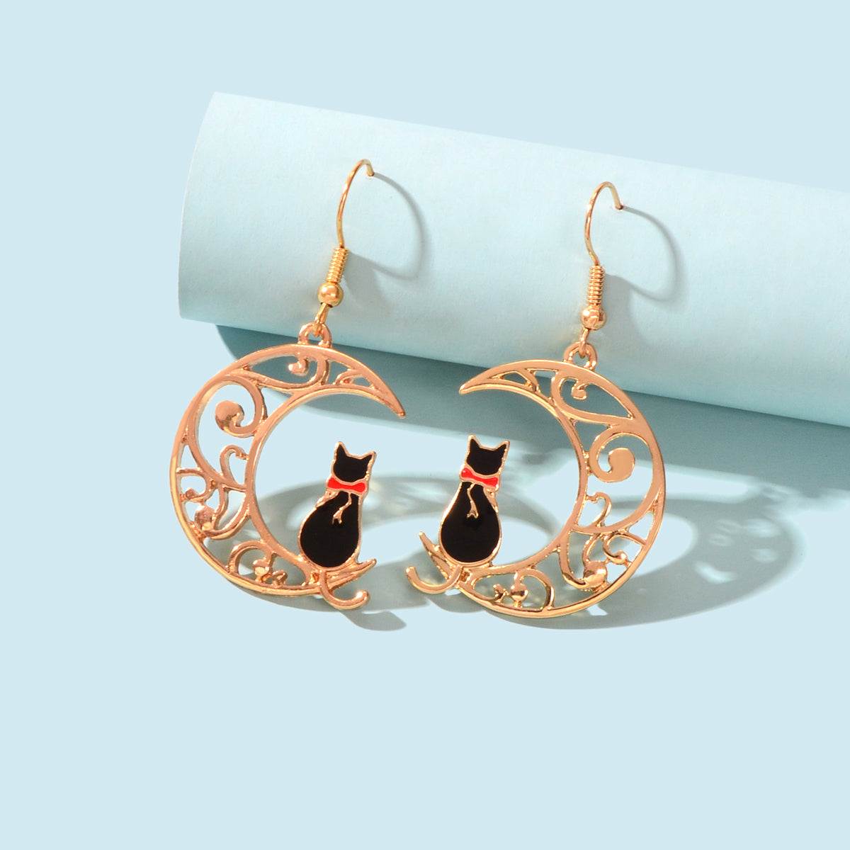 Cartoon Design Gold Hollow out Moon Black Cat Dangling Earrings Gift
