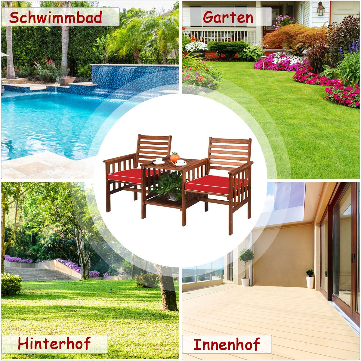 Gartenbank Mit Tisch 2-Sitzer Holzbank Mit Sitzkissen & Schirmloch Rot/Beige