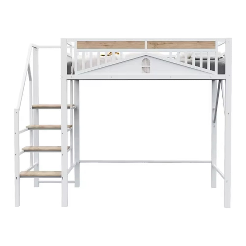 Black Metal Loft Bed 90X200 Cm, Security Fence with Window Design, Can Left to Right Security Ladder with Lockers,
