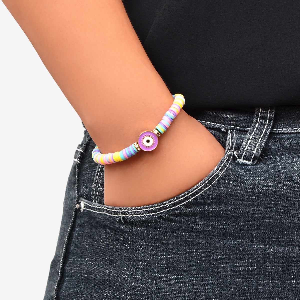 Heishi Surfer Handmade Evil Eye Rainbow Vinyl Disc Beaded Stretchy