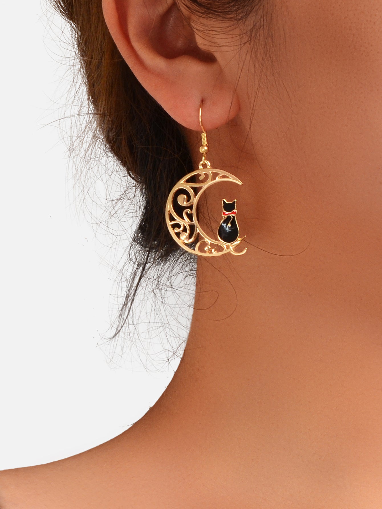 Cartoon Design Gold Hollow out Moon Black Cat Dangling Earrings Gift