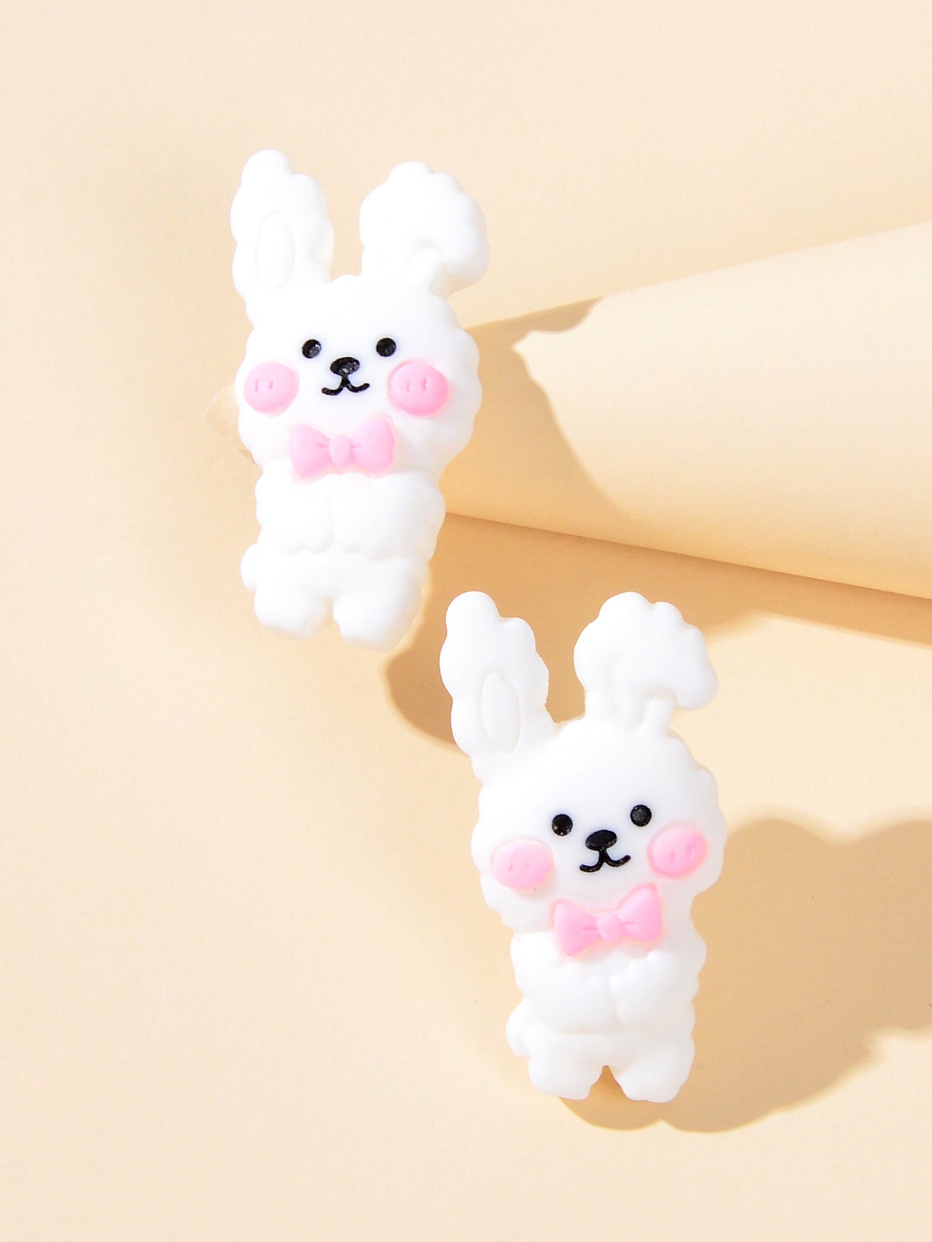 Pink Bow Tie White Rabbit Lovely Easter Bunny Stud Earrings Hare Party