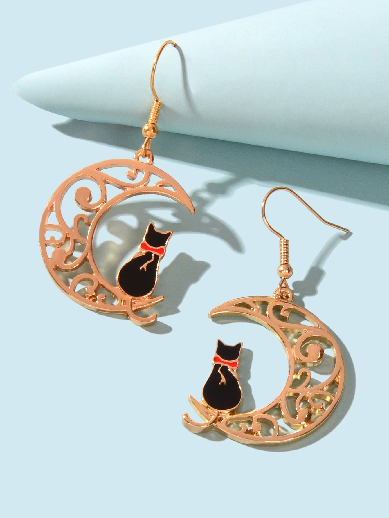 Cartoon Design Gold Hollow out Moon Black Cat Dangling Earrings Gift