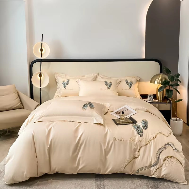 Cotton Embroidery Bed Linens Double Ru Queen King Full Size Bedding Set Sheet Duvet Cover Pillowcase