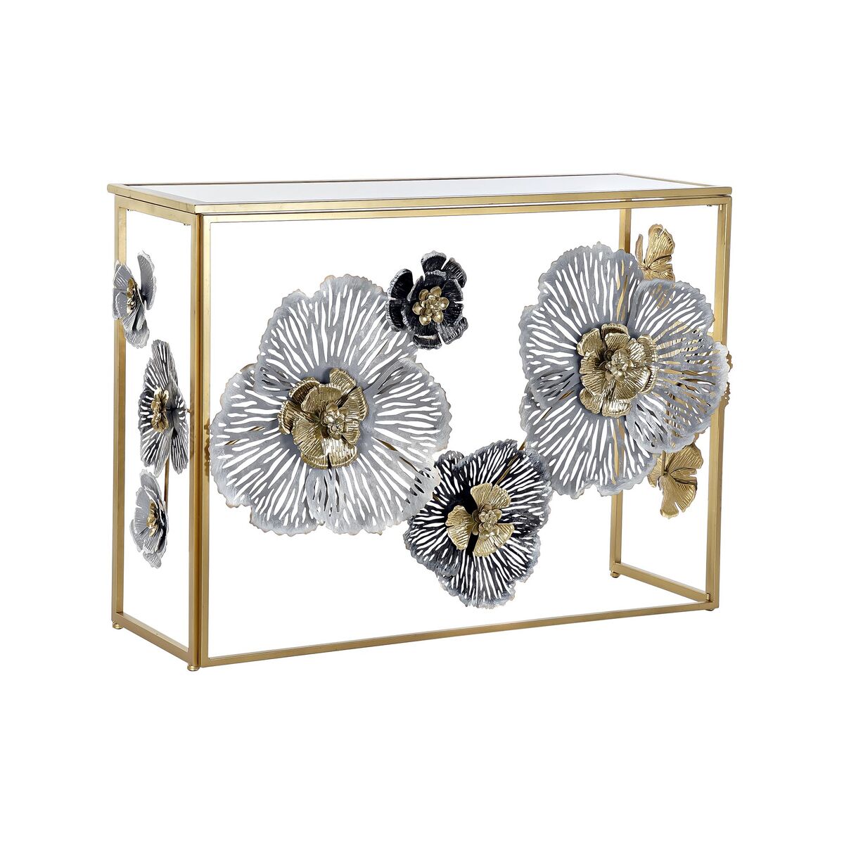 Console DKD Home Decor Mirror Grey Golden Metal Flowers (15.6 x 46.4 x