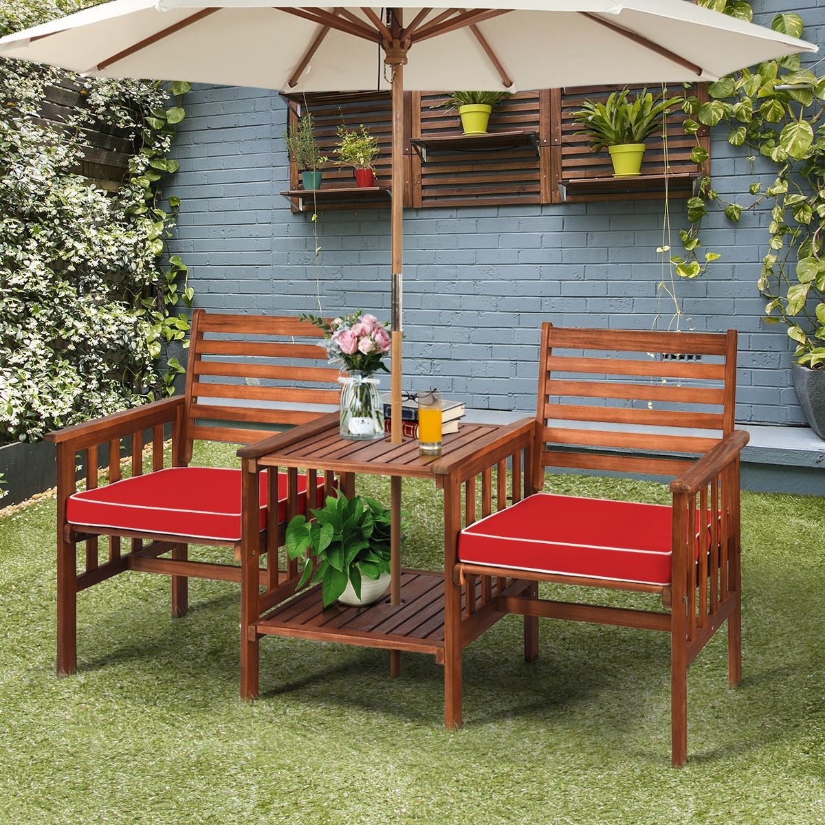 Gartenbank Mit Tisch 2-Sitzer Holzbank Mit Sitzkissen & Schirmloch Rot/Beige
