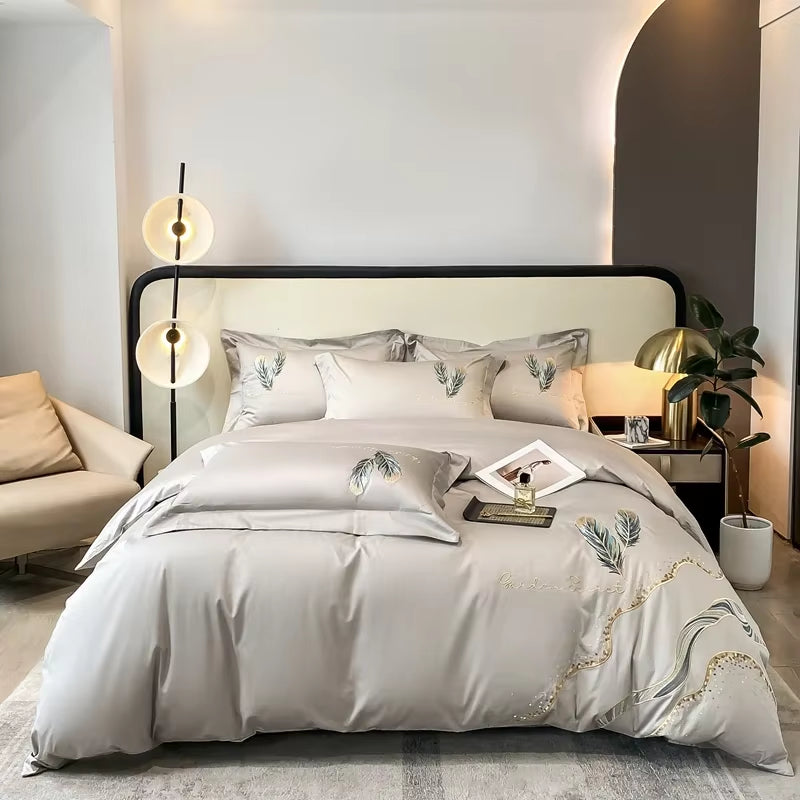 Cotton Embroidery Bed Linens Double Ru Queen King Full Size Bedding Set Sheet Duvet Cover Pillowcase